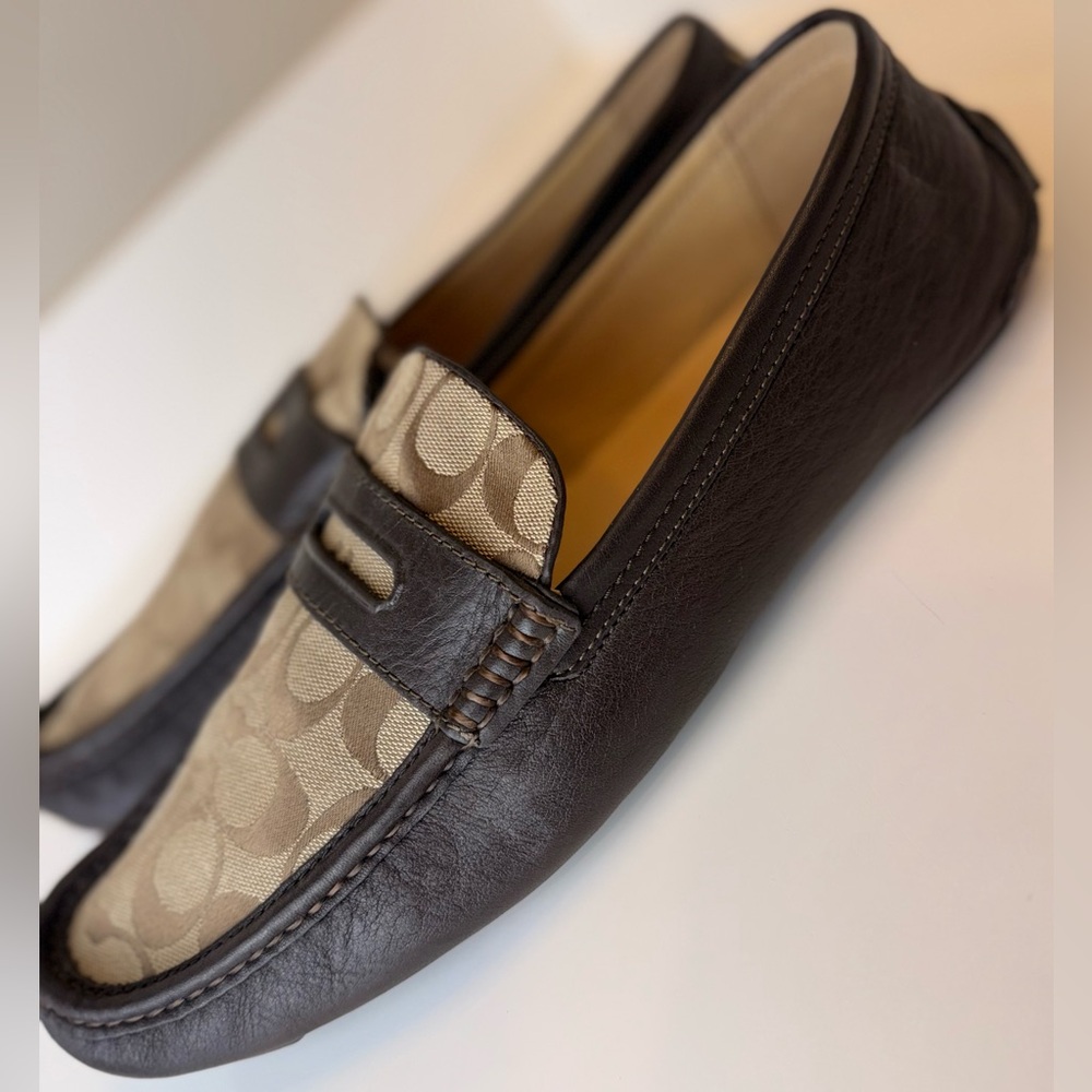 Coach Men’s Neal Signature C Jacquard Leather Driving Loafers Brown Q907 Size 13 - Picture 7 of 12
